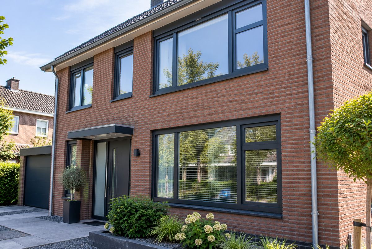 Moderne Nederlandse woning met antracietkleurige kunststof kozijnen, grote ramen en een bijpassende kunststof voordeur