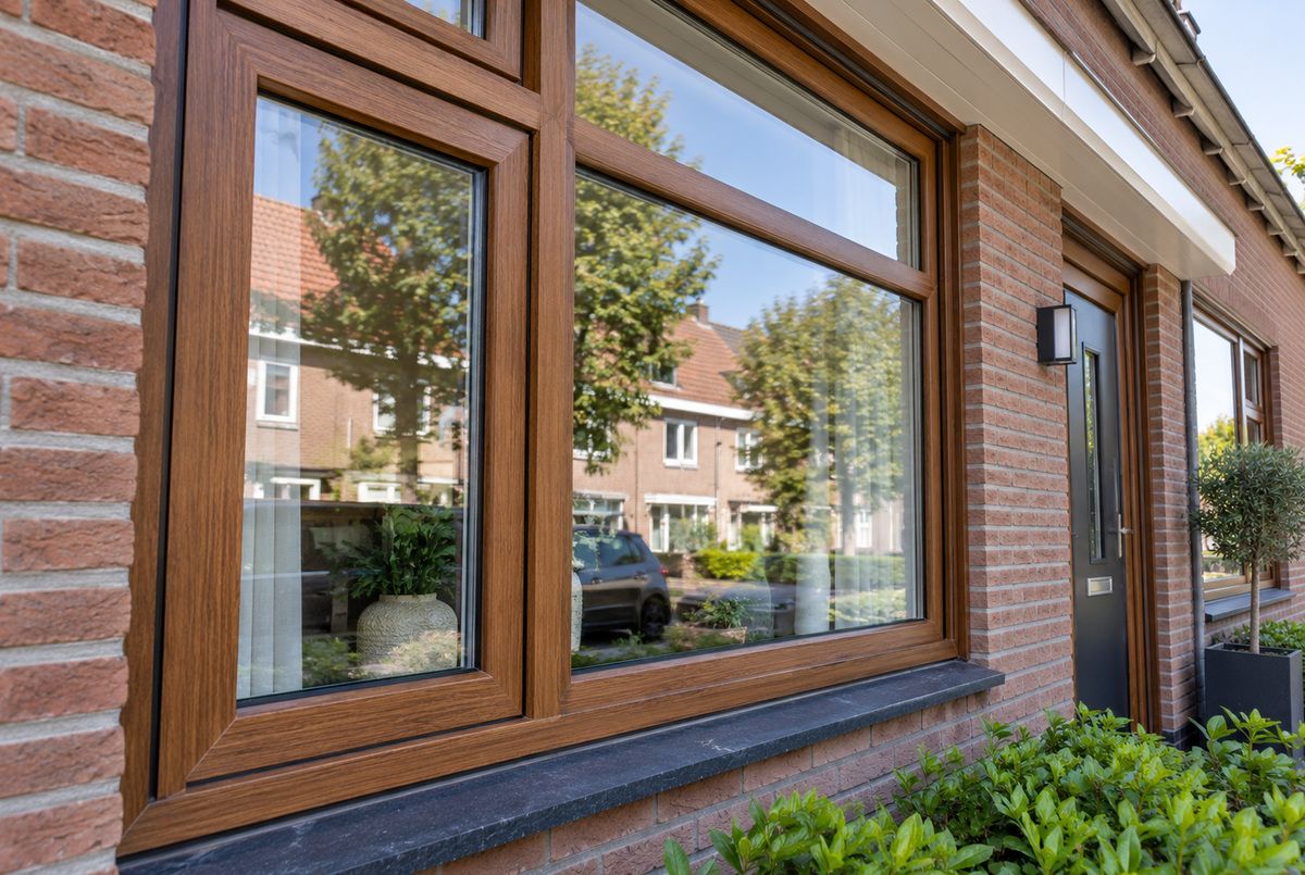Houtlook kunststof kozijnen met een warme houtnerfstructuur in de voorgevel van een Nederlandse woning
