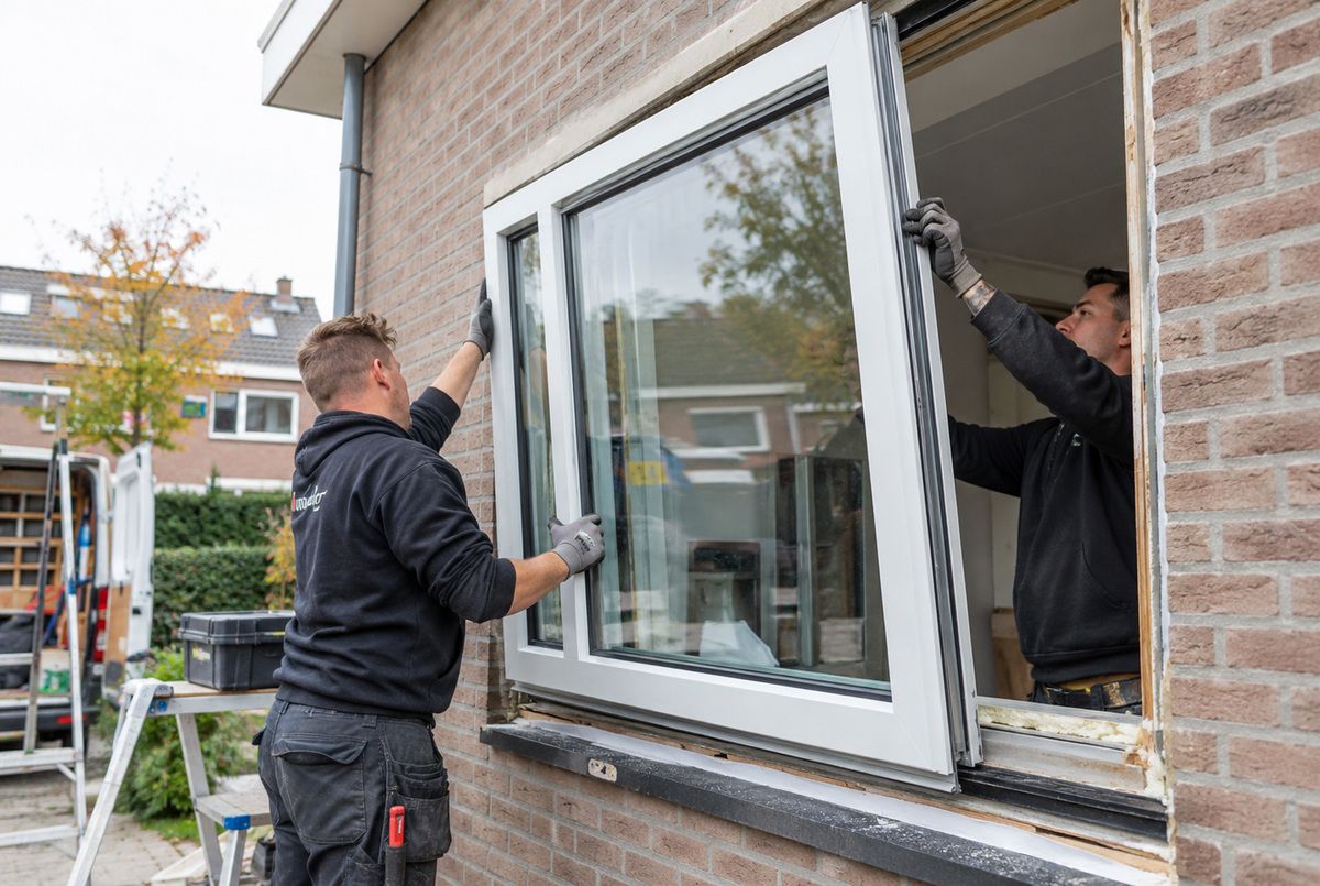 Monteurs plaatsen een nieuw kunststof kozijn met isolatieglas Twee monteurs plaatsen een wit kunststof raamkozijn met isolatieglas in de gevel van een bestaande woning