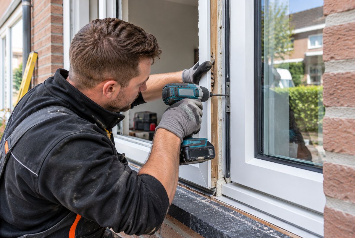 Monteur bevestigt een wit kunststof raamkozijn met een accuschroefmachine tijdens het plaatsen van kunststof kozijnen in een woning