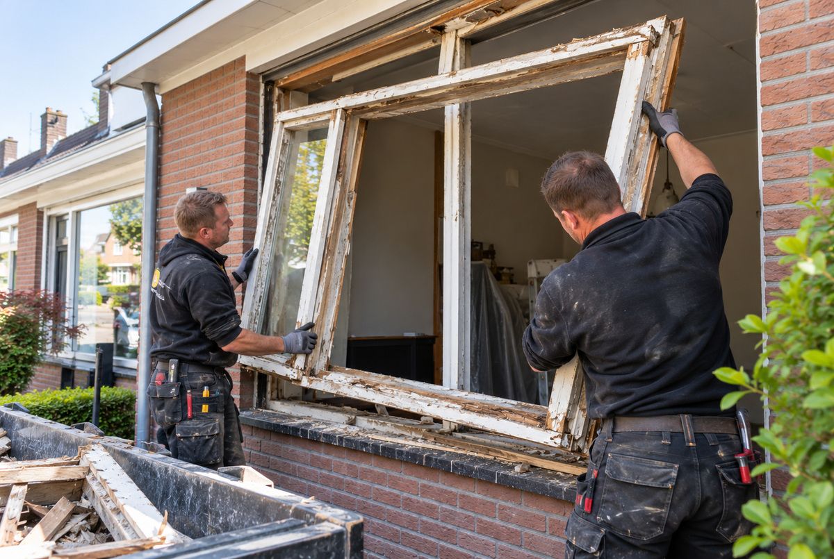 Twee monteurs verwijderen een oud houten raamkozijn uit de gevel van een woning ter voorbereiding op de plaatsing van kunststof kozijnen