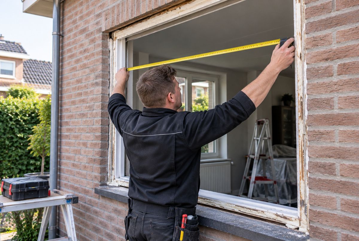 Monteur meet raamopening in voor nieuwe kunststof kozijnen Monteur meet met een rolmaat de breedte van een raamopening in een bestaande woning ter voorbereiding op het plaatsen van kunststof kozijnen