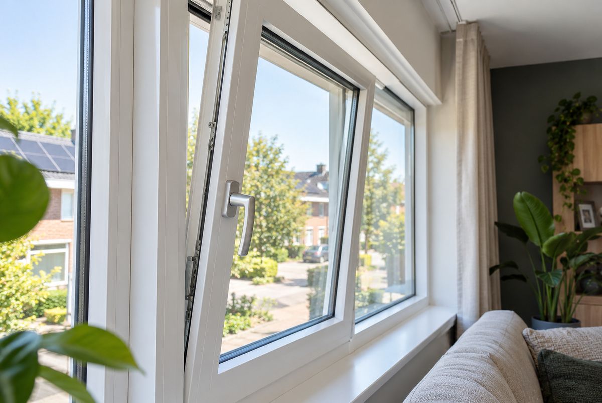 Wit kunststof draaikiepraam in kiepstand in de woonkamer van een woning, met zicht op het raamkozijn, de handgreep en het glas