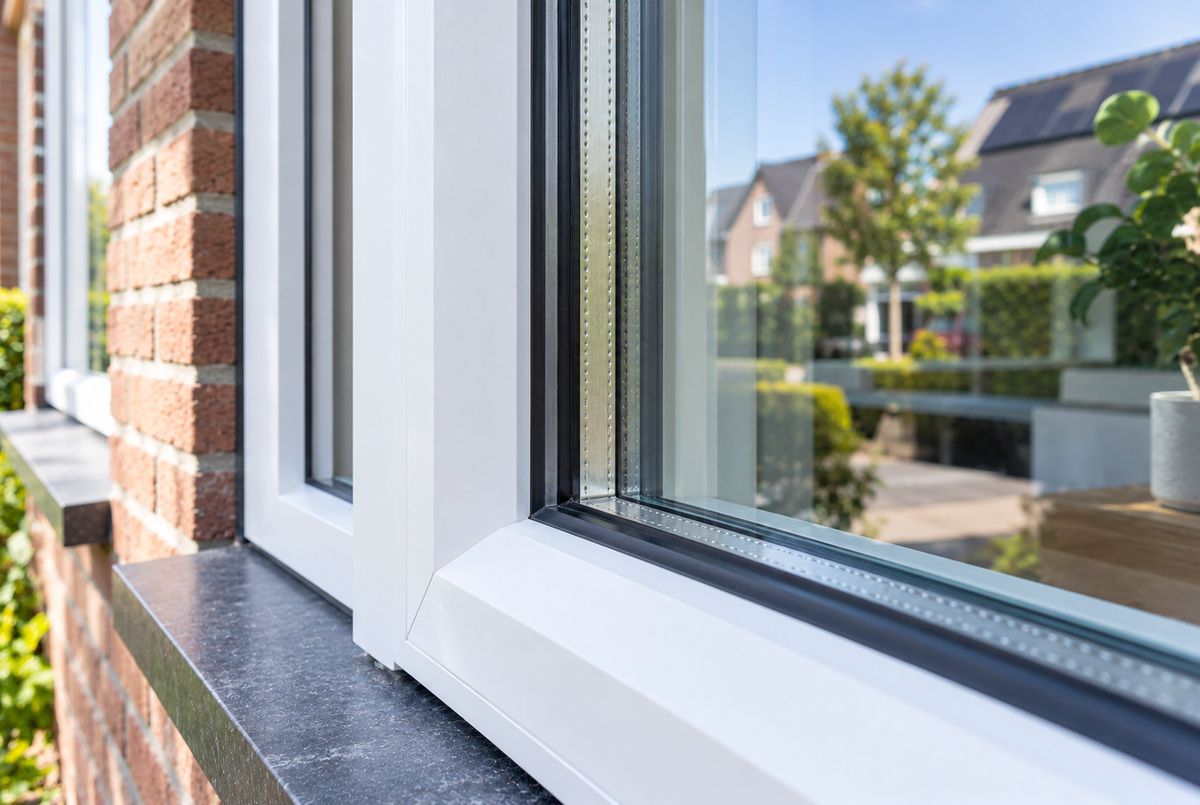 Detailopname van een wit kunststof raamkozijn met isolerend dubbel glas, zwarte afdichtingsrubbers en een nette aansluiting op de gevel