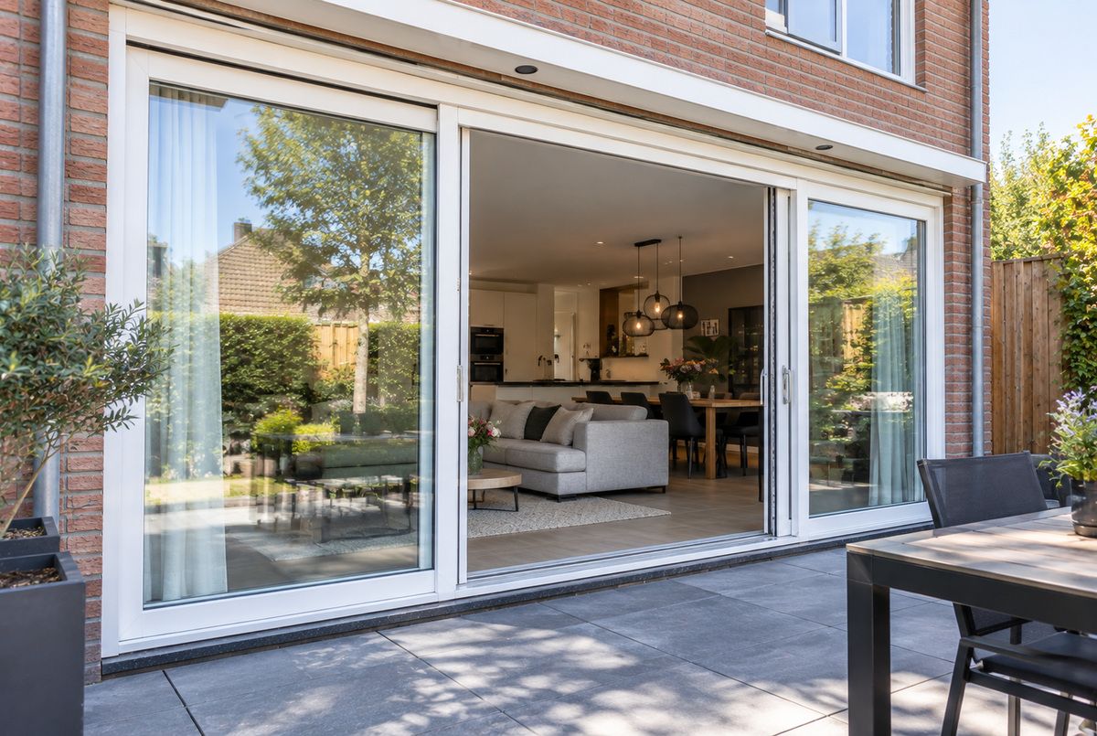 Grote witte kunststof schuifpui met glazen schuifpanelen in de achtergevel van een Nederlandse woning, met toegang tot de tuin